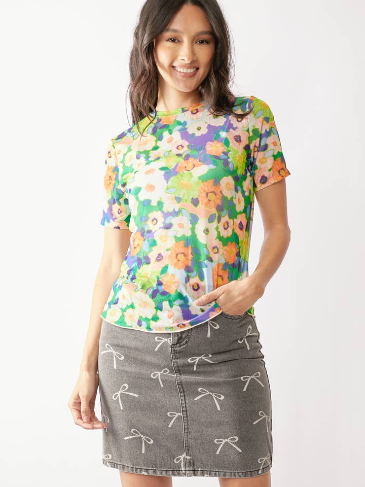 FLOWER PRINTED MESH SHORT SLEEVE TOP for wholesale by Davi & Dani