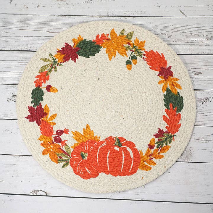 Sensibling Corp. - Wholesale Placemat - Fall Pumpkin Wreath Printed Round Placemat