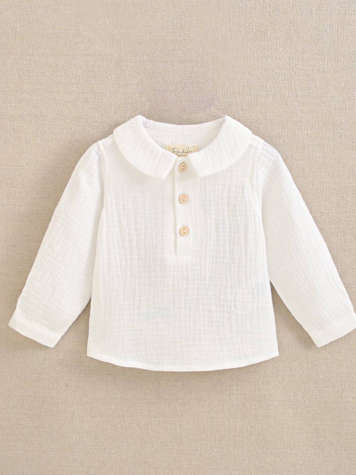 Camicia da bambino bianca a manica lunga con bottoni in legno per la vendita all'ingrosso da parte di Dadati