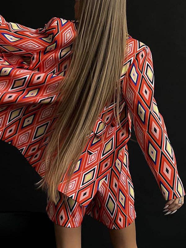 RED Long Sleeves Loose Buttoned Pockets Printed Notched Collar Blazer Top + Shorts Bottom Two Pieces Set for wholesale on Faire2