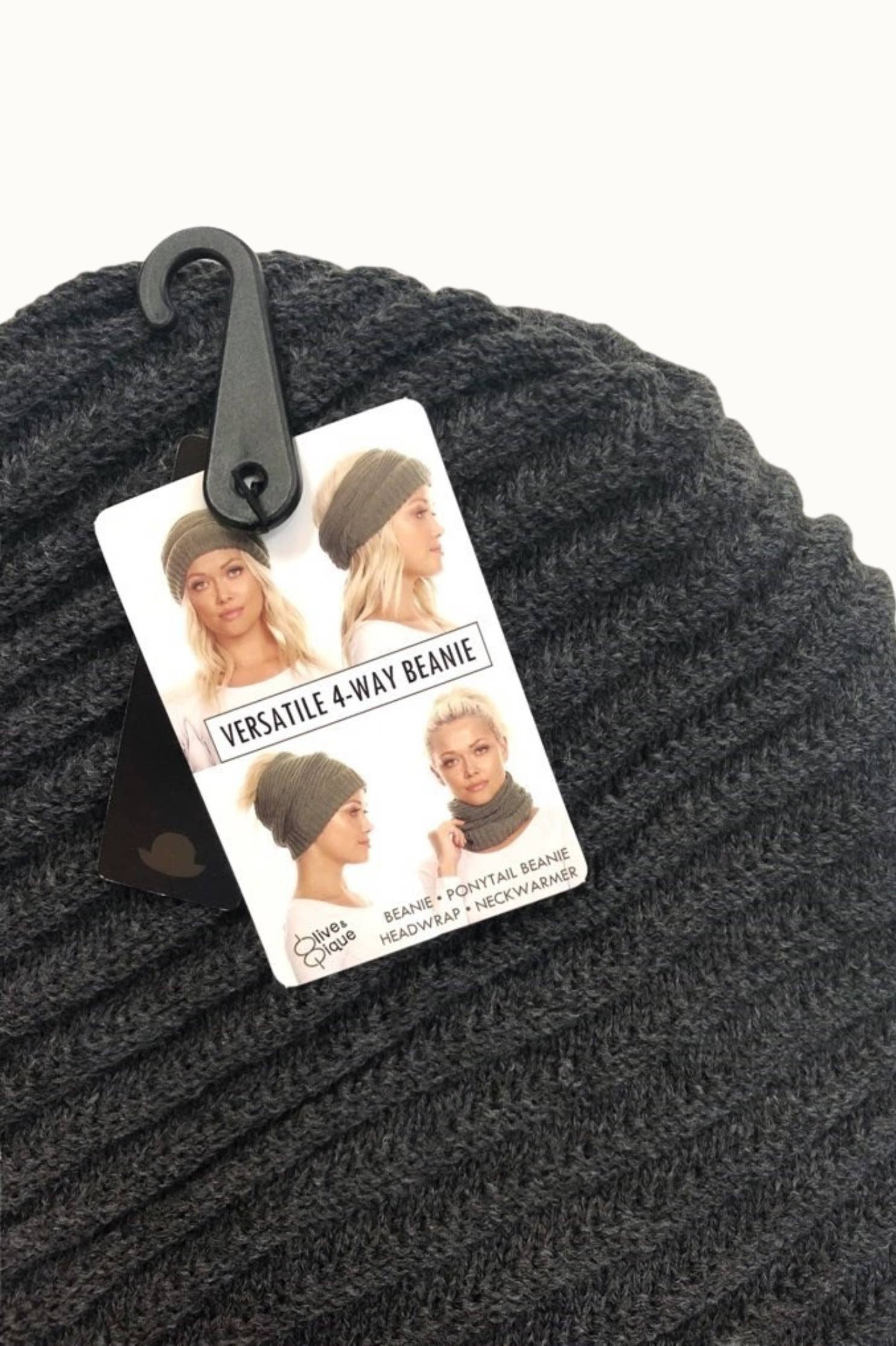 Olive & Pique - Venta al por mayor Gorro de lana - Mujer - Gorro versátil, capucha para el cuello, vendaje para la cabeza y cola de caballo, todo en uno5