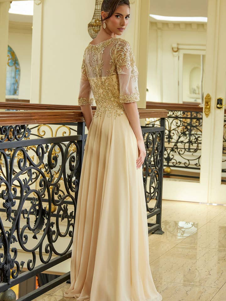 SMC Fashion - Wholesale Gown - Women's - Bead sequin embellished 1 2 sleeve mesh bodice with chiffon skirt GLGL35995