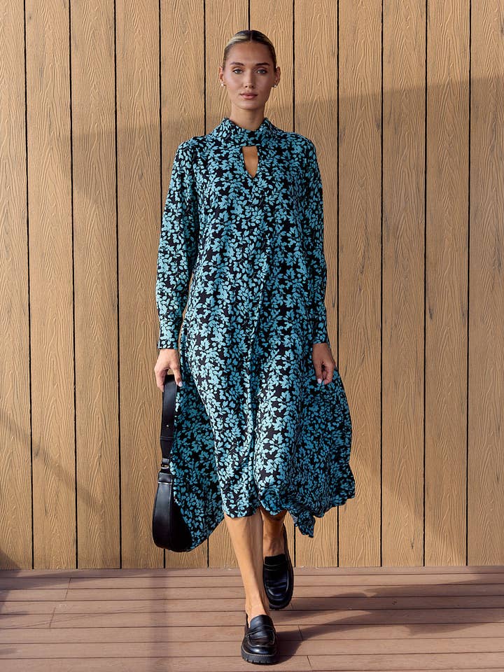 Vestido solto em linha A turquesa com bainha assimétrica por atacado de Azuri Fashion Group