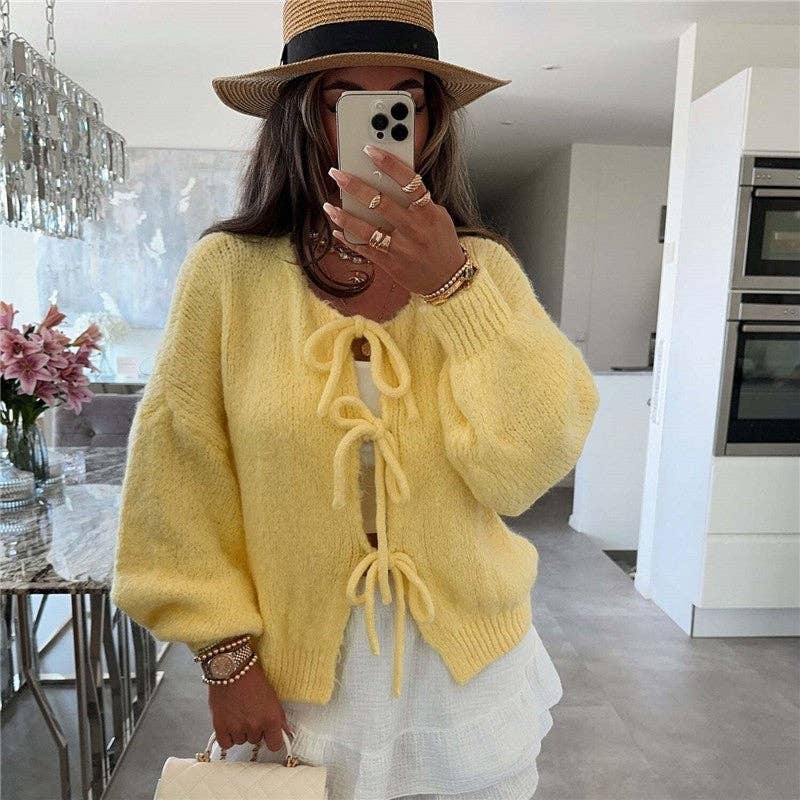 Sheer Trend – Großhandel Strickjacke – Damen – Einfacher Strickjacke mit Bindegürtel und Rundhalsausschnitt7