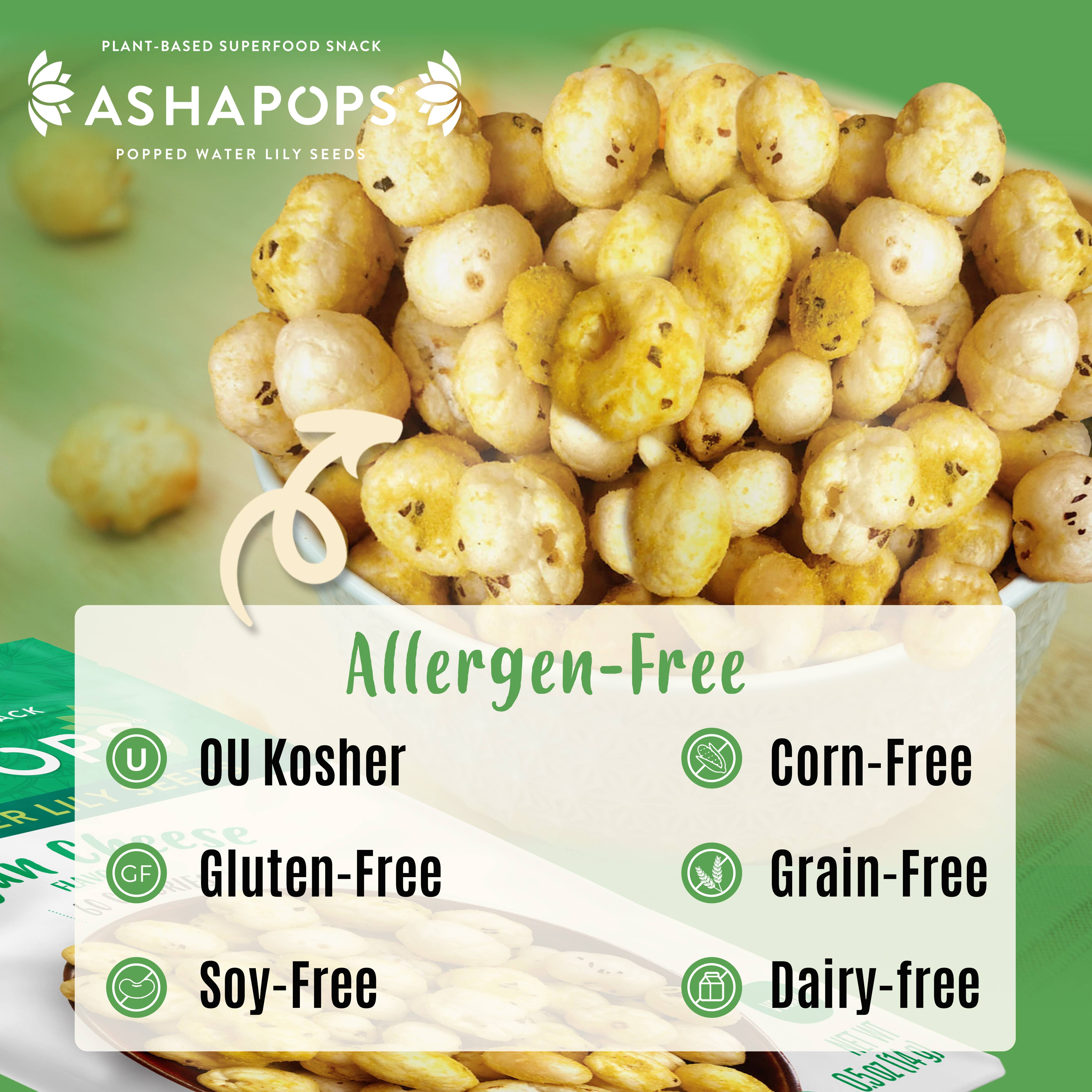 AshaPops - Wholesale Puffed Snack - 0.5oz Vegan Cheese - AshaPops Popped Water Lily Seeds6