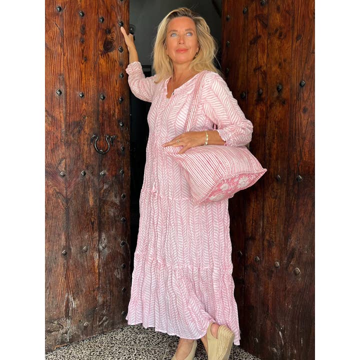 Aurobelle Ibiza - Wholesale Tote Bag - Women's - Brigitte Tote bag Large Quilted Cotton Tote Bag | Pink Block Print Shoulder Bag | Boho Beach Bag | Handmade Travel Bag4