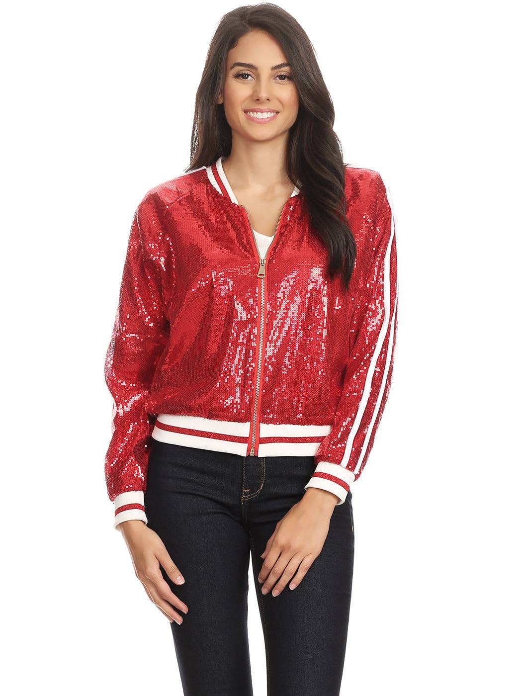 Anna Kaci Wholesale - Wholesale Varsity/Baseball Jacket - Women's - Striped Metallic Sequin Varsity Jacket0