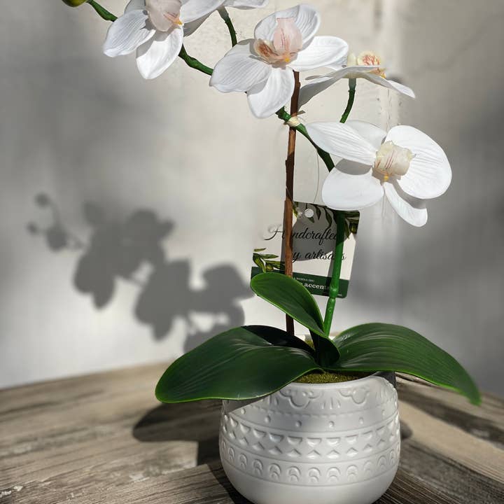 Flora Bunda Inc - Wholesale Artificial Flowers - 12" White Orchid in Textured Ceramic Pot Décor2