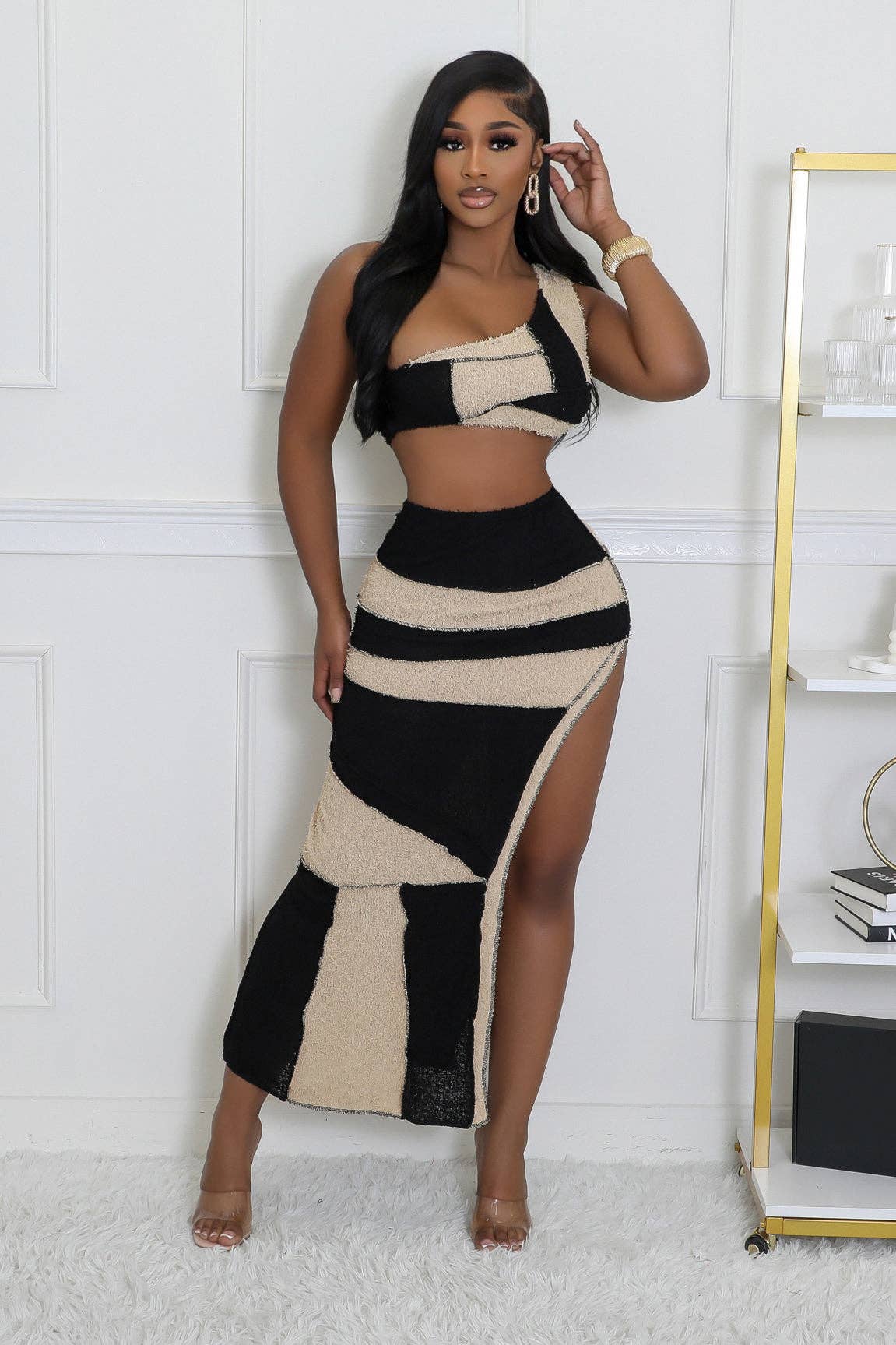 5besties inc – Conjunto de top e saia - Mulher por atacado – CONJUNTO DE CALÇA E SAIA COM BLOCO DE COR COM UM OMBRO3