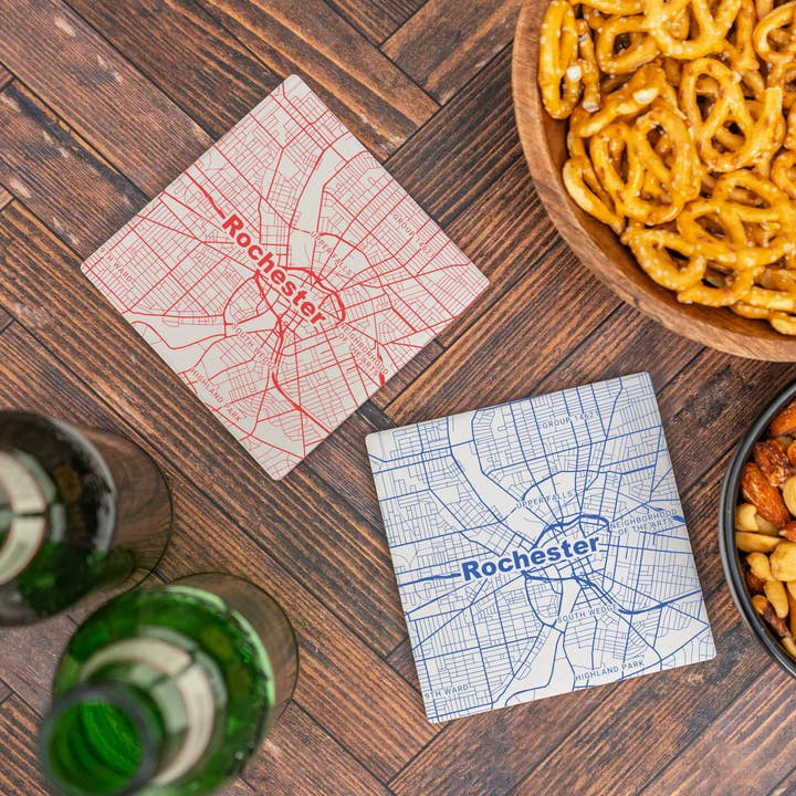 Rochester NY - Ceramic Map Coasters - Any Color for wholesale by Blue Ridge Mountain Gifts
