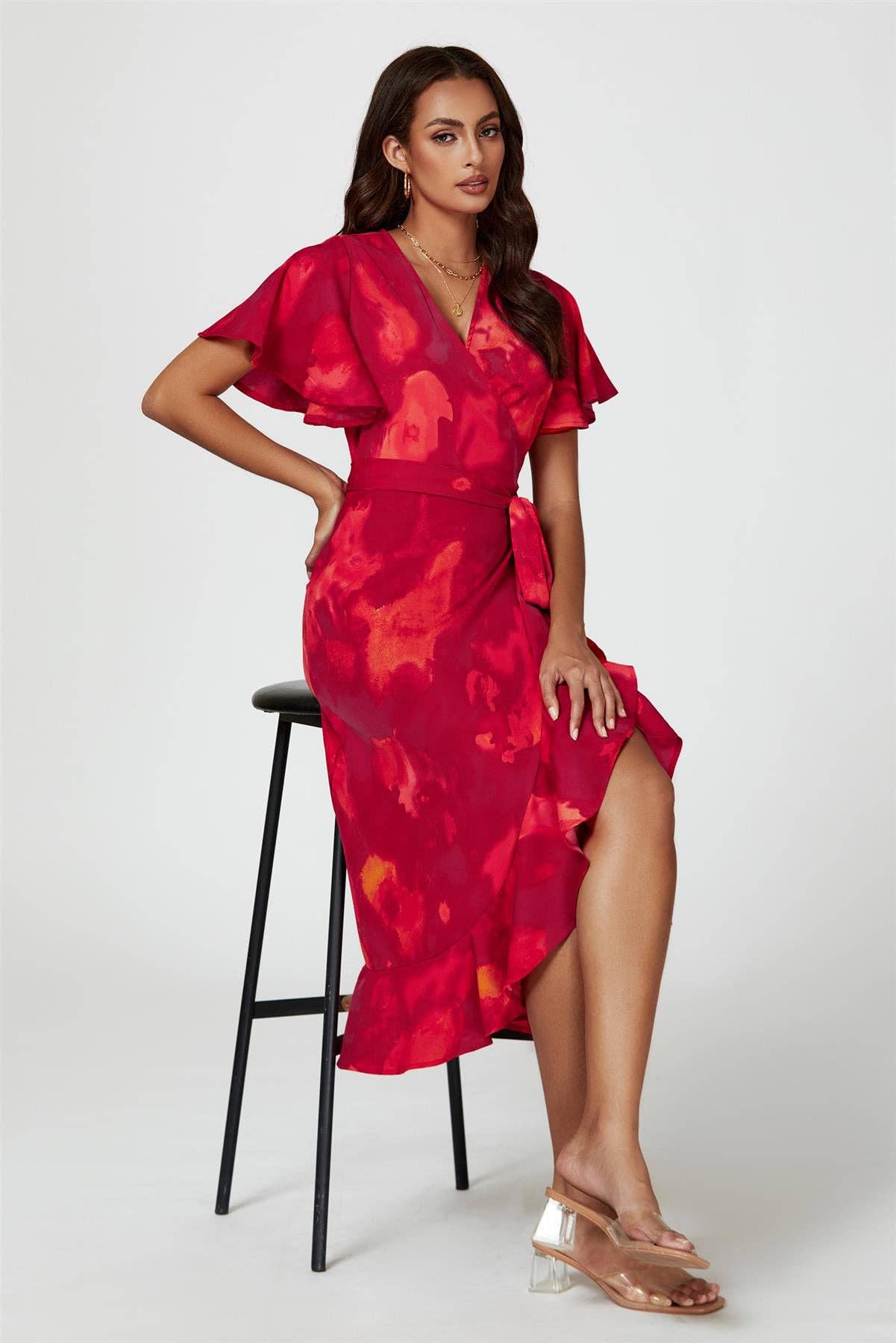 Abstract Print Angel Sleeve Wrap Midi Dress In Red for wholesale on Faire3