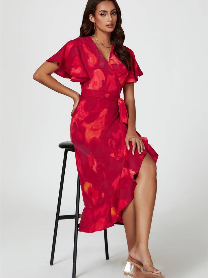 Abstract Print Angel Sleeve Wrap Midi Dress In Red for wholesale on Faire3