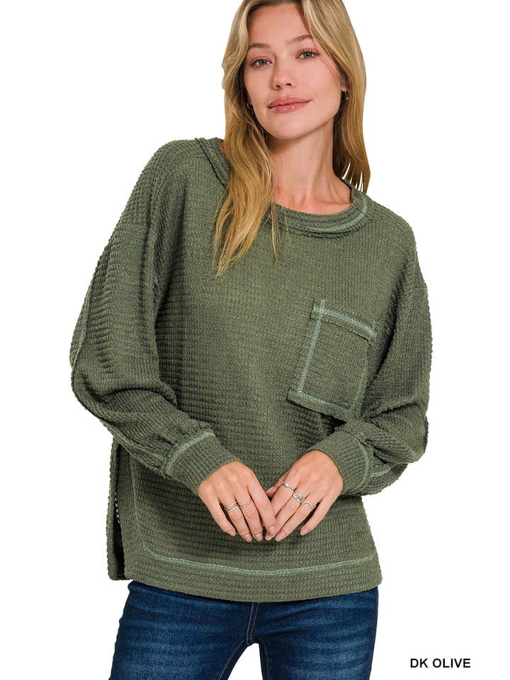 42POPS - Wholesale Knit Top - Women's - ....SI-26787 Hi Low Exposed Seam Long Sleeve Top