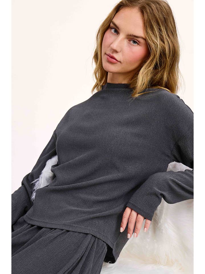La Miel - Wholesale Lounge Set - Women's - HSET2521-Stretchy Crinkled Fabric Relaxed Fit Lounge Set