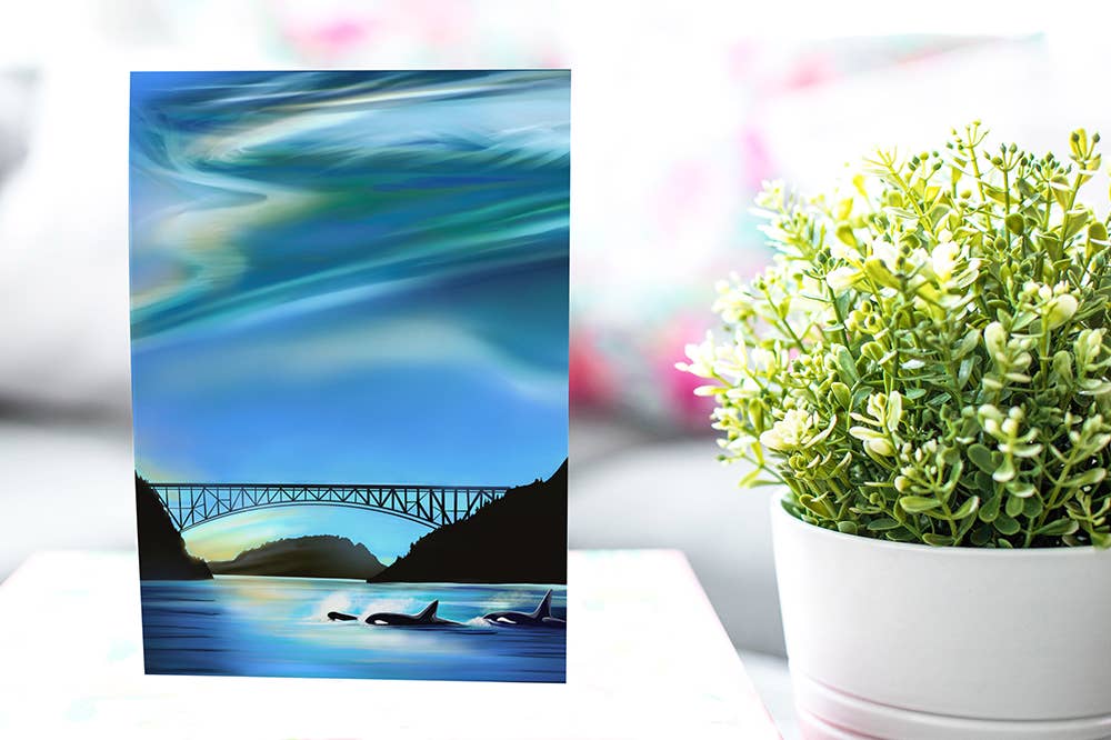 Linda Sholberg Art - Vente Carte de vœux classique - Une famille d'orques nage dans le col de Deception, dans l'État de Washington (5x7/A7)1