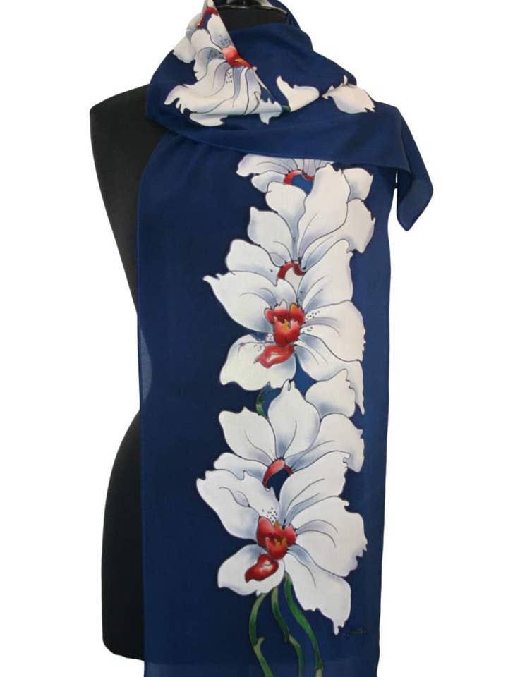 Lenço Pintado à Mão com Orquídeas - Azul por atacado de Kavita
