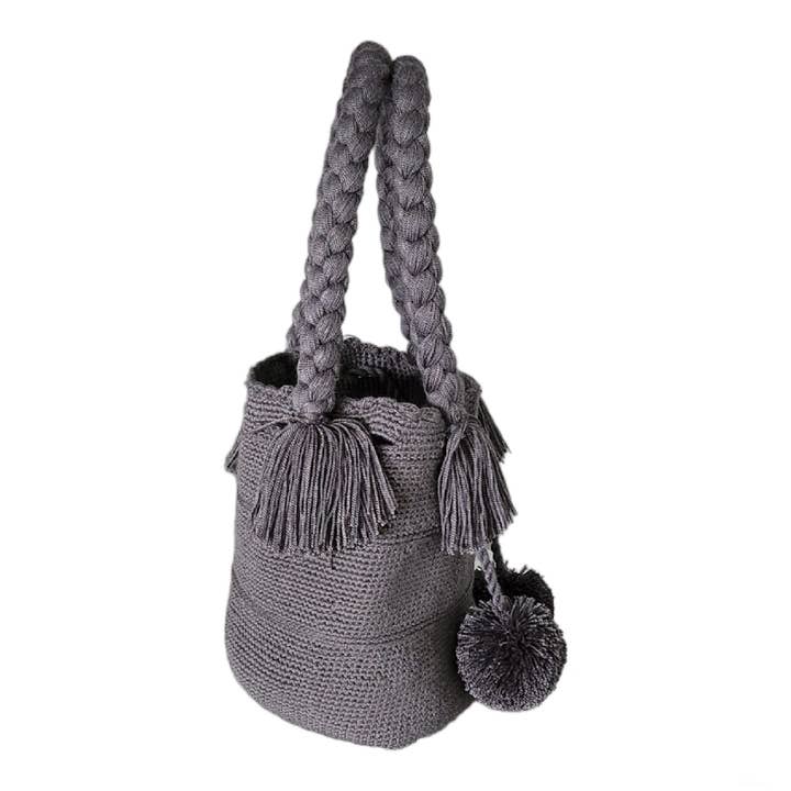 Boutique Femade ® - Wholesale Top Handle Bag - Women's - Gray Medium Pom Poms Wayuu Bag