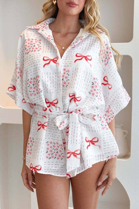 Bow printed oversized Button short sleeve romper in red for wholesale on Faire0