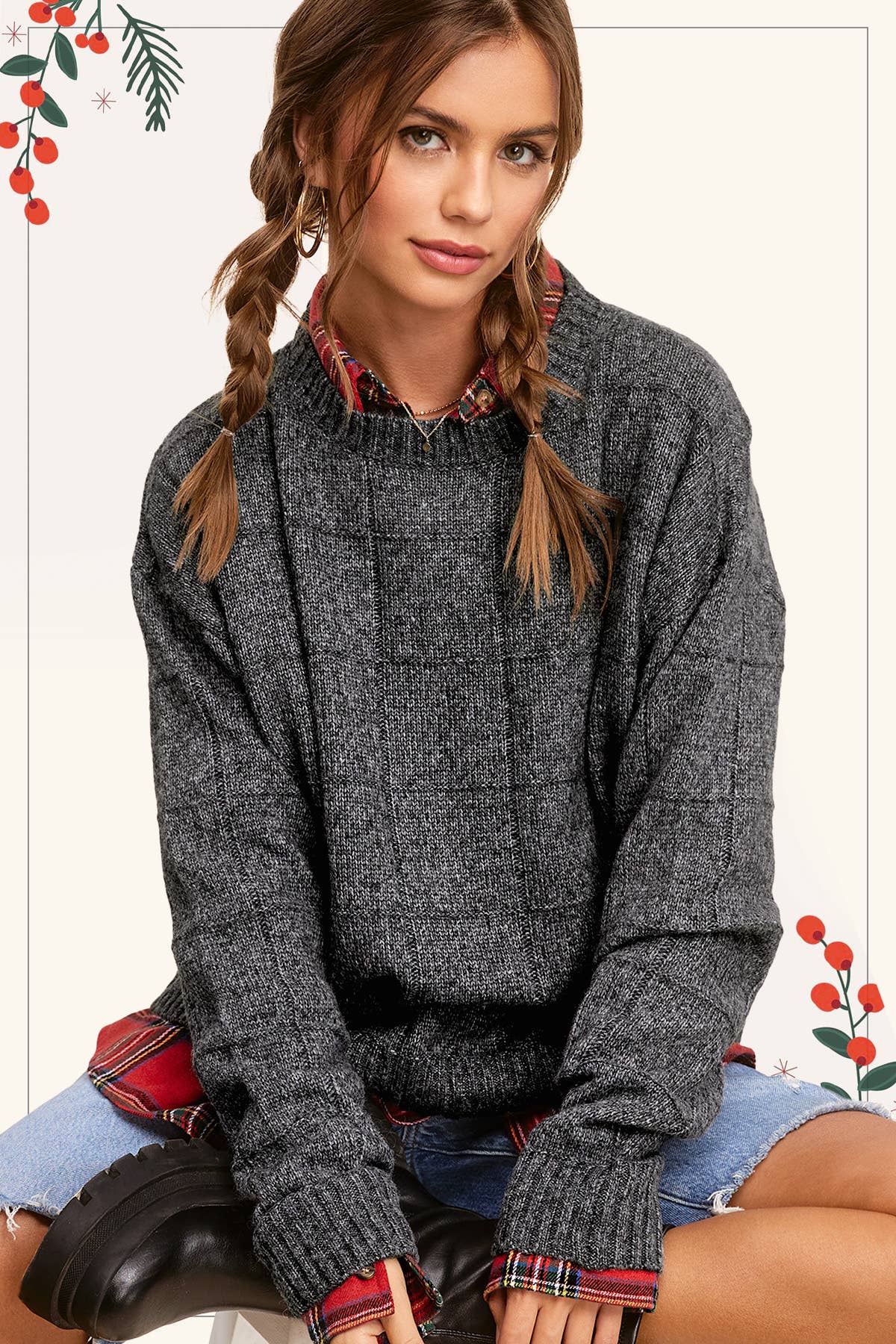 La Miel – Engroshandel Pullover - Dame – La Miel løs sweater med tofarvet vindueskarmmønster13