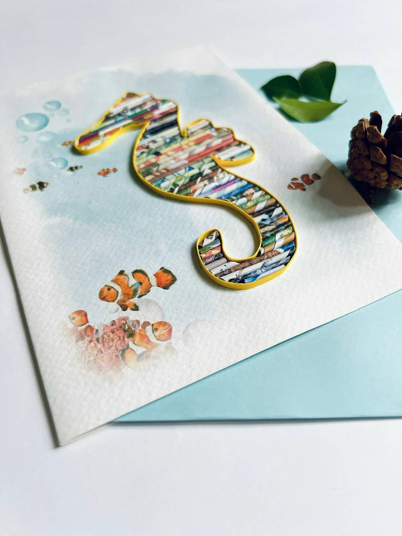 Loving Nature – wholesale Everyday greeting card – Rolled Paper Seahorse Card Handmade from Recycled Magazine9