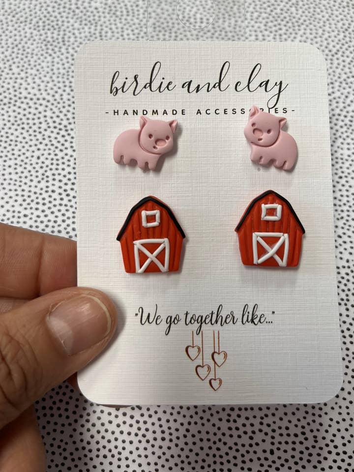 Pig Duo Stud Earrings, Farm Animal Earrings for wholesale by Birdie & Clay