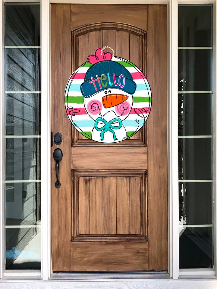 Snowman Round Hello Wooden Door Hanger for wholesale by DoorBadges