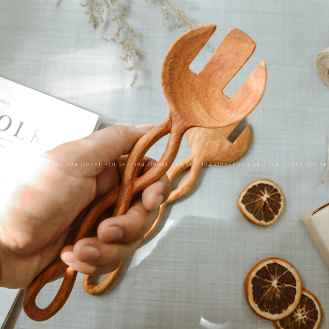 194 Craft House - Wholesale Serving Utensil - Twisted Handle Wooden Salad Servers - 9" - Spoon & Fork Set5