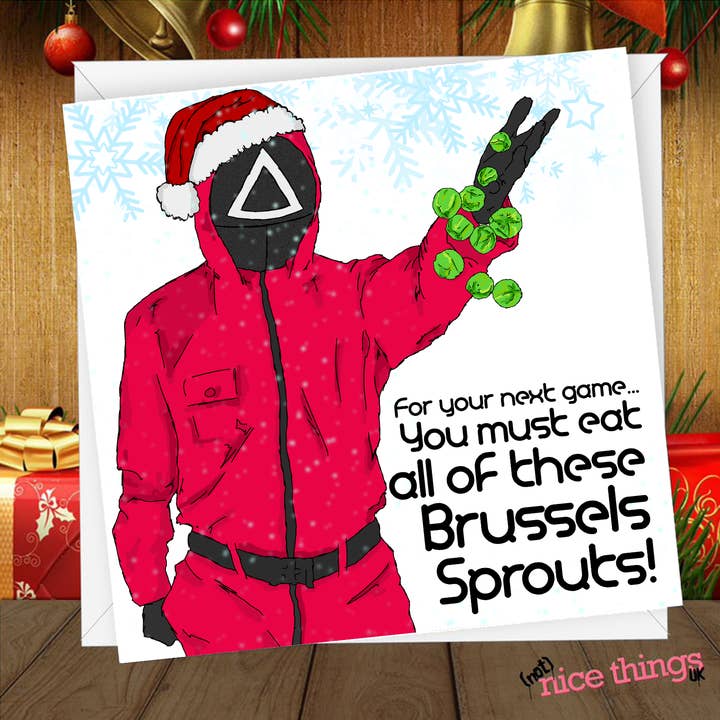 Squid Game Weihnachtskarte | Brussels Sprouts Weihnachtskarte für den Großhandel von NotNiceThings
