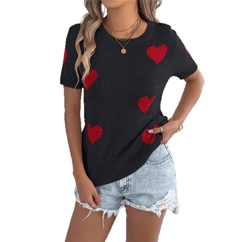OceanusSwim - Wholesale Knit Top - Women's - Color Block Heart Pattern Knit Short Sleeve3