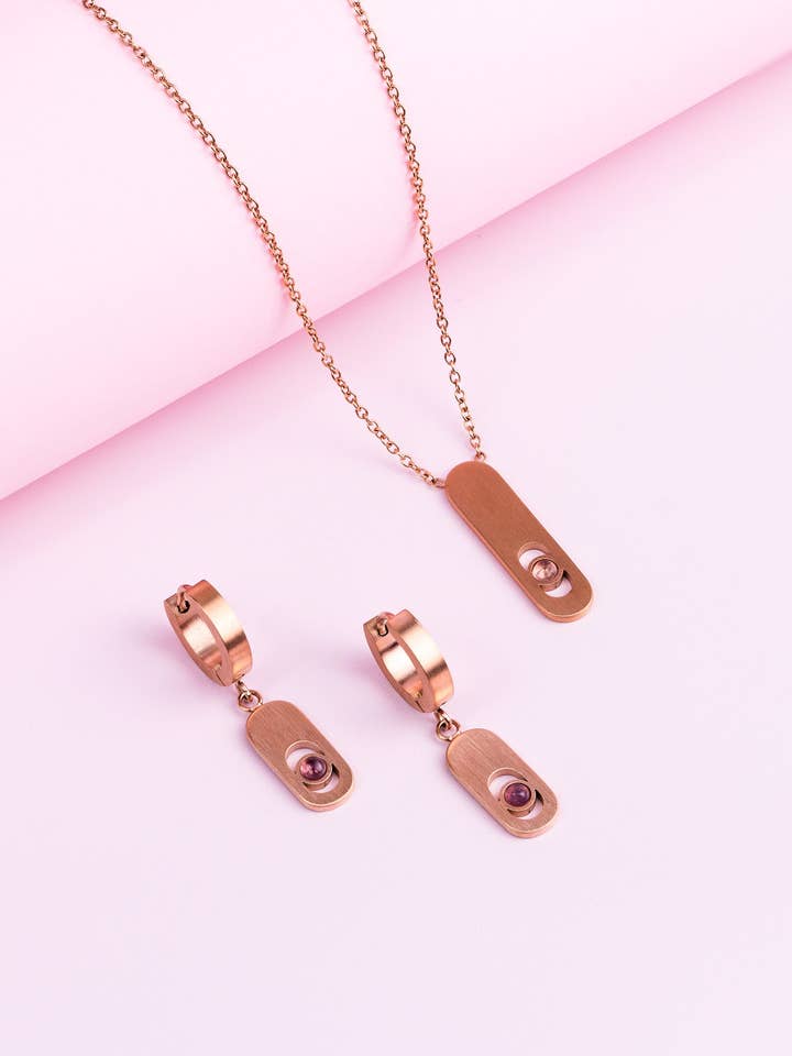 Ketting en oorbellen in roségoud met paarse amethist voor wholesale door Didyma