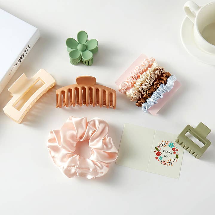 Juego de 10 pinzas para el cabello cuadradas con flores y coleteros elásticos. para venta al por mayor de Sensibling Corp.