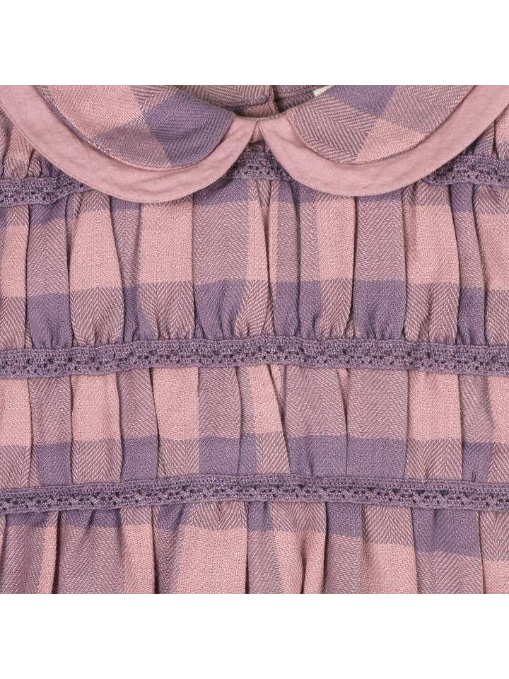 Lilac Smocked Peter Pan Gingham Baby Romper (Organic) for wholesale on Faire