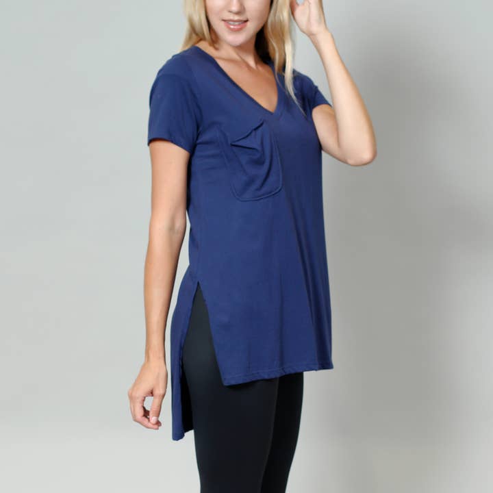 PREMIUM SOFT COTTON JERSEY STEP HEM V NECK TEE - NAVY for wholesale by Coin 1804