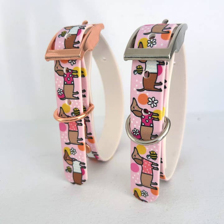 Puppies & Pom Poms - Wholesale Pet Collar - Dog - Bee Happy Dachshunds Pink Handmade Dog Collar2