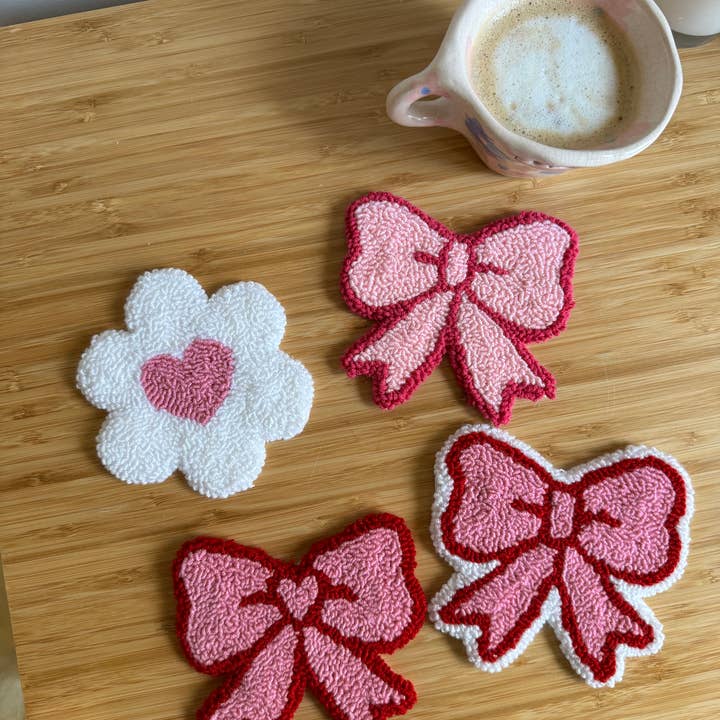 MUUDLAND - Wholesale Coasters - Pink Bows Coasters,Tufted Mug Rug Punch Needle Coaster3