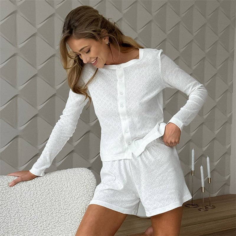 FurDecoration - Vente Haut et bas de pyjama – femme - Ensemble pyjama à manches longues à imprimé floral avec short assorti0