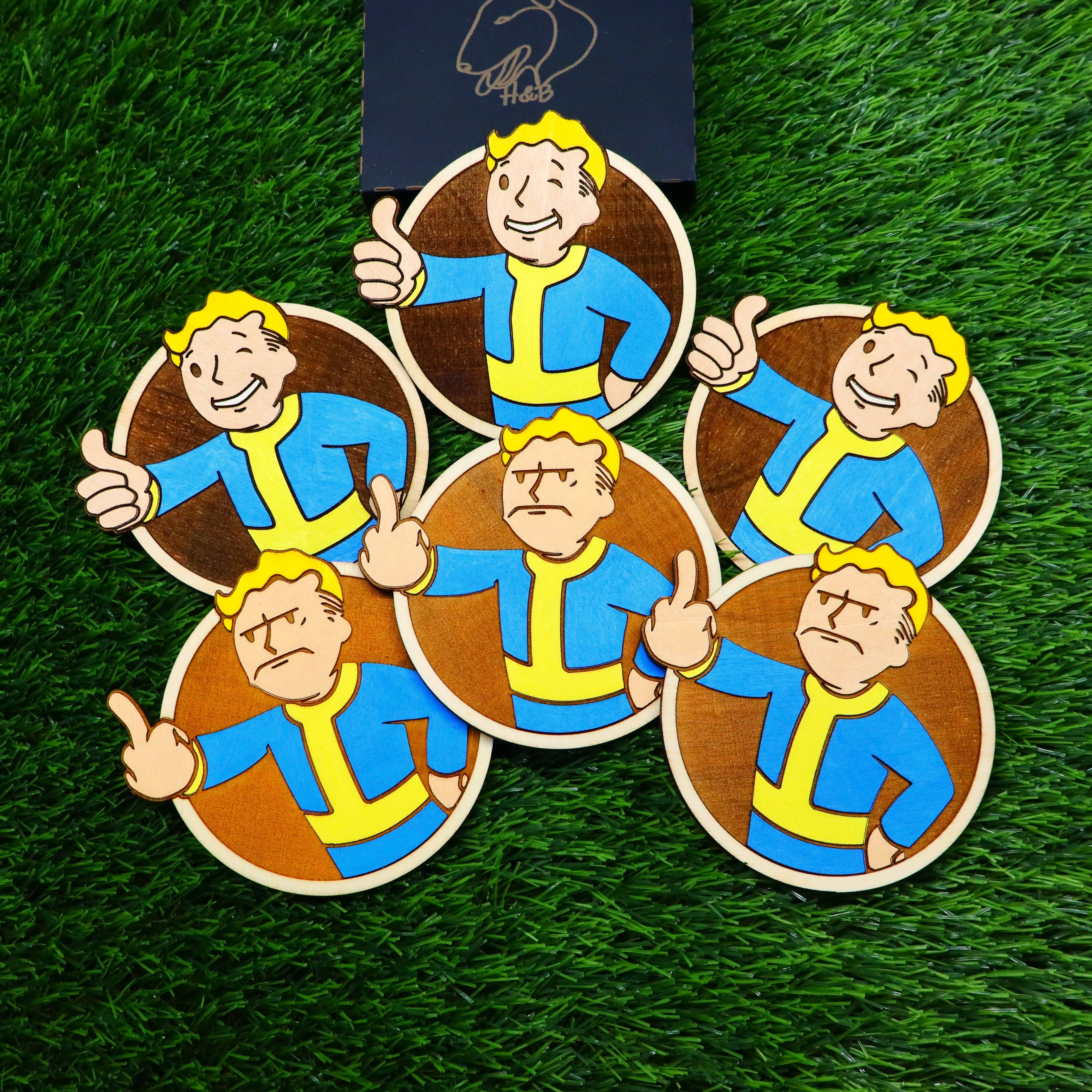 Herbs&Belles – Base de copos por atacado – Porta-copos de Madeira Fallout, Vault Boy Louco, Presente Geek Decoração de Casa0