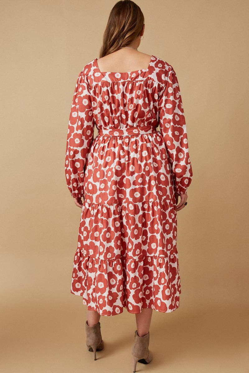 Mauve Womens Bold Floral Print Belted Square Neck Dress for wholesale on Faire9