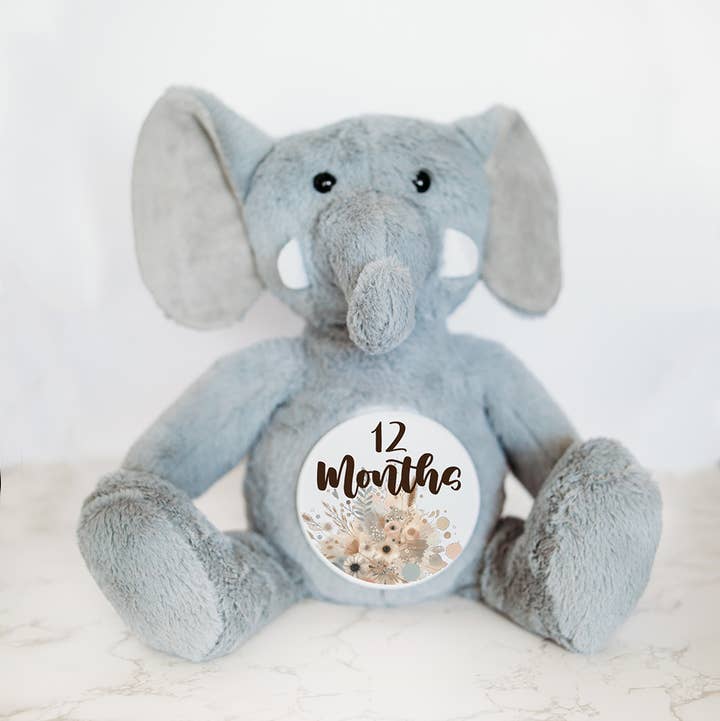 Monthly Milestone Tracker, Elephant Stuffed Animal for wholesale by Grow With Me Baby Co