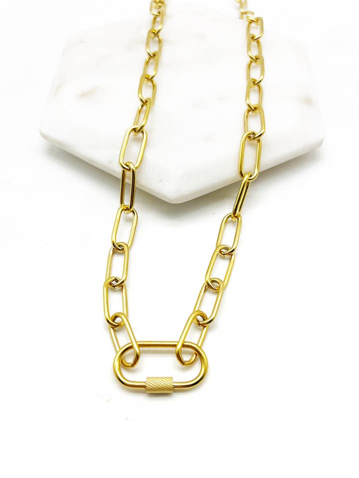 Gold Stainless Steel Carabiner Paper Clip Necklace for wholesale by Baubles by B