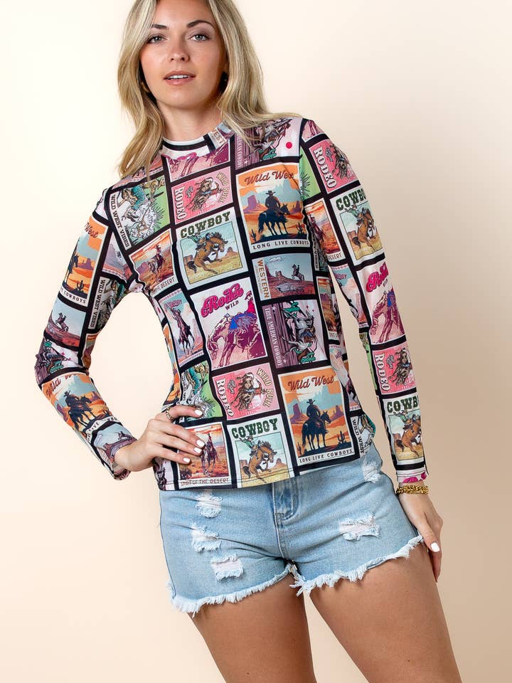 T1502-6305-Karen Rodeo Wild Mesh Print Top for wholesale by Nylon Apparel