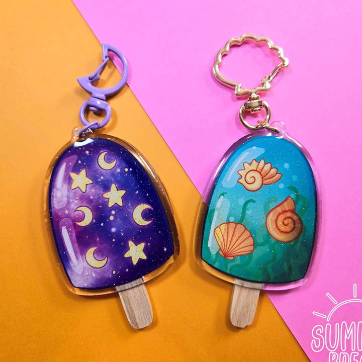 Acrylic Keychain Charms - Galaxy or Seashells 2.5 Inches for wholesale by Summer Break Studio