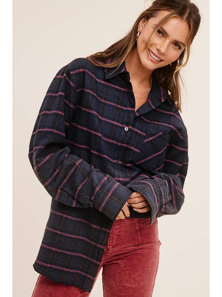 La Miel - Wholesale Buttoned-down shirt – Women's - SRT1329-Loose Fit Button Down Two-Tone Washed Plaid Shirts16