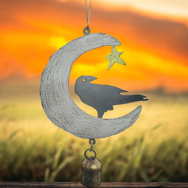 Metal Raven Moon Wind Chime bell celestial Garden Crow eco for wholesale by Whimsies