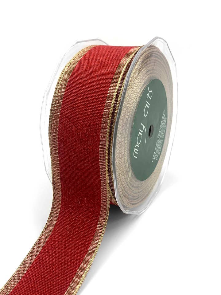 1.5" Red Woven Chambray Lined Metallic Gold Edge Ribbon for wholesale by May Arts Ribbon
