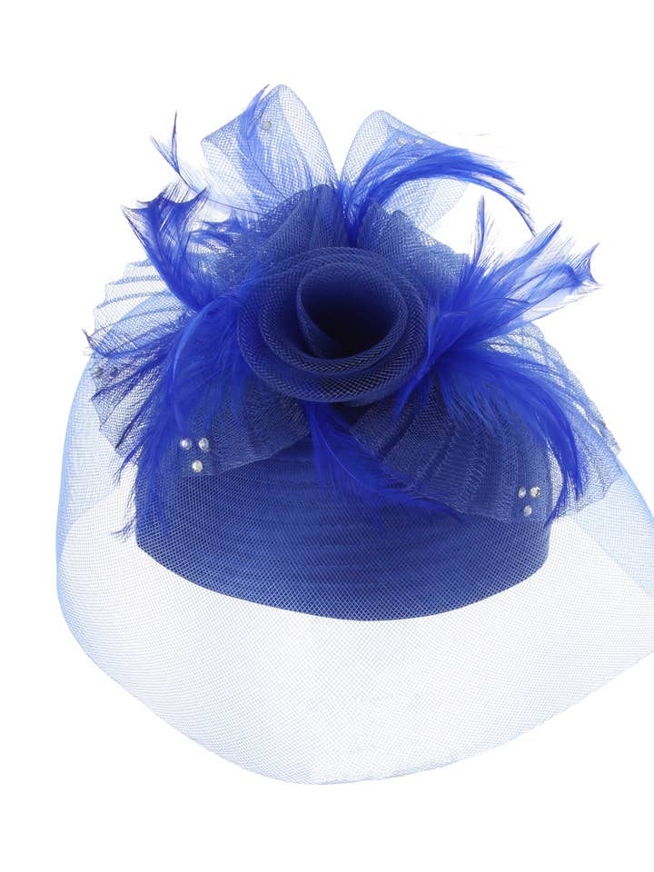 Triple Rose Mesh w/ Feathers and Rhinestones Pillbox Hat for wholesale by SP Sophia Collection