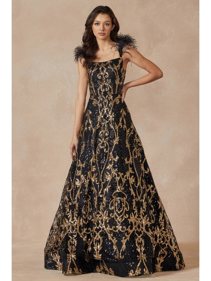 FEATHERED CAP SLEEVE PATTERNED SEQUIN PROM GOWN for wholesale by Juliet