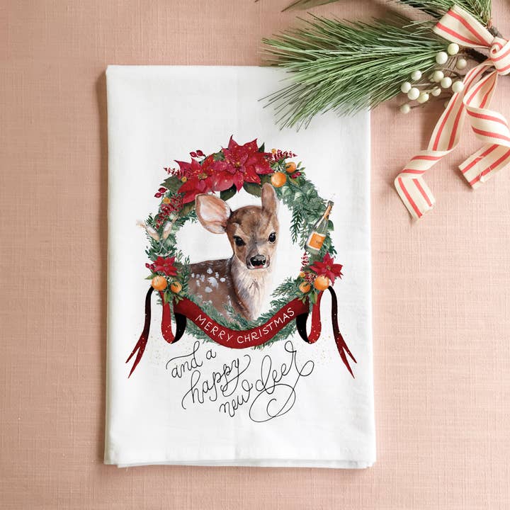 Happy New Deer Christmas Tea Towel for wholesale by Cami Monet