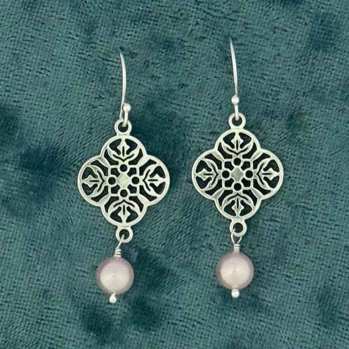 sterling silver ear wires quatrefoil and pink pearl earring for wholesale by Elizabeth Jewelry