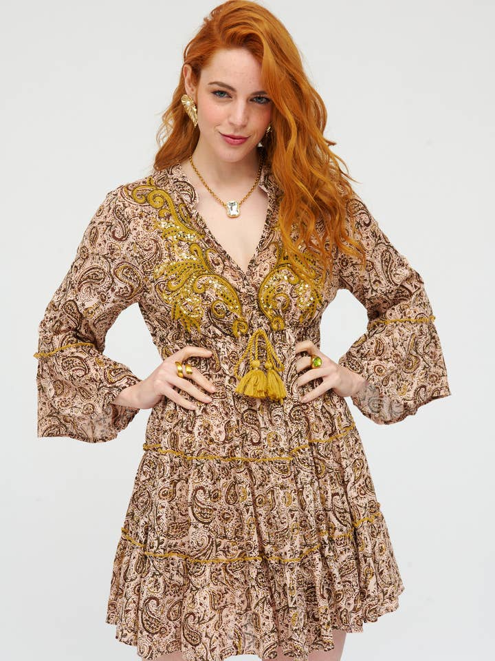 VESTIDO CORTO ESTAMPADO CACHEMIR, BORDADO A MANO para venta al por mayor de Nats Store